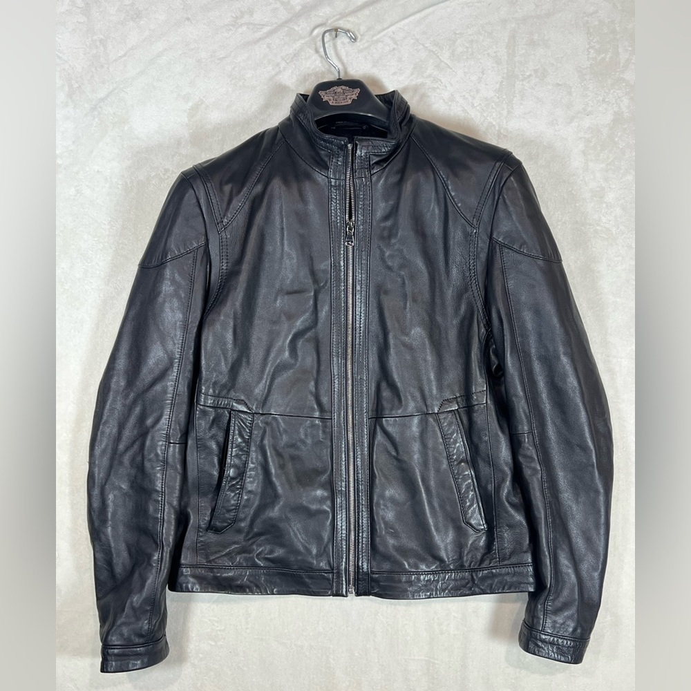 Hugo Boss EU40 US M 100% Leather Soft Lambskin Moto Biker Jacket Plaid Lined R4 - Picture 2 of 12